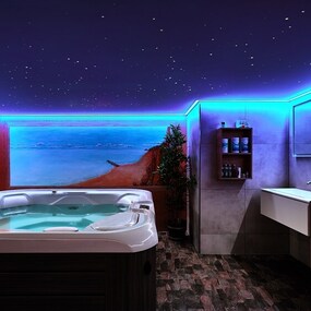 Modernes Spa-Badezimmer mit Whirlpool, LED-Beleuchtung und Wandbild mit Meereslandschaft.